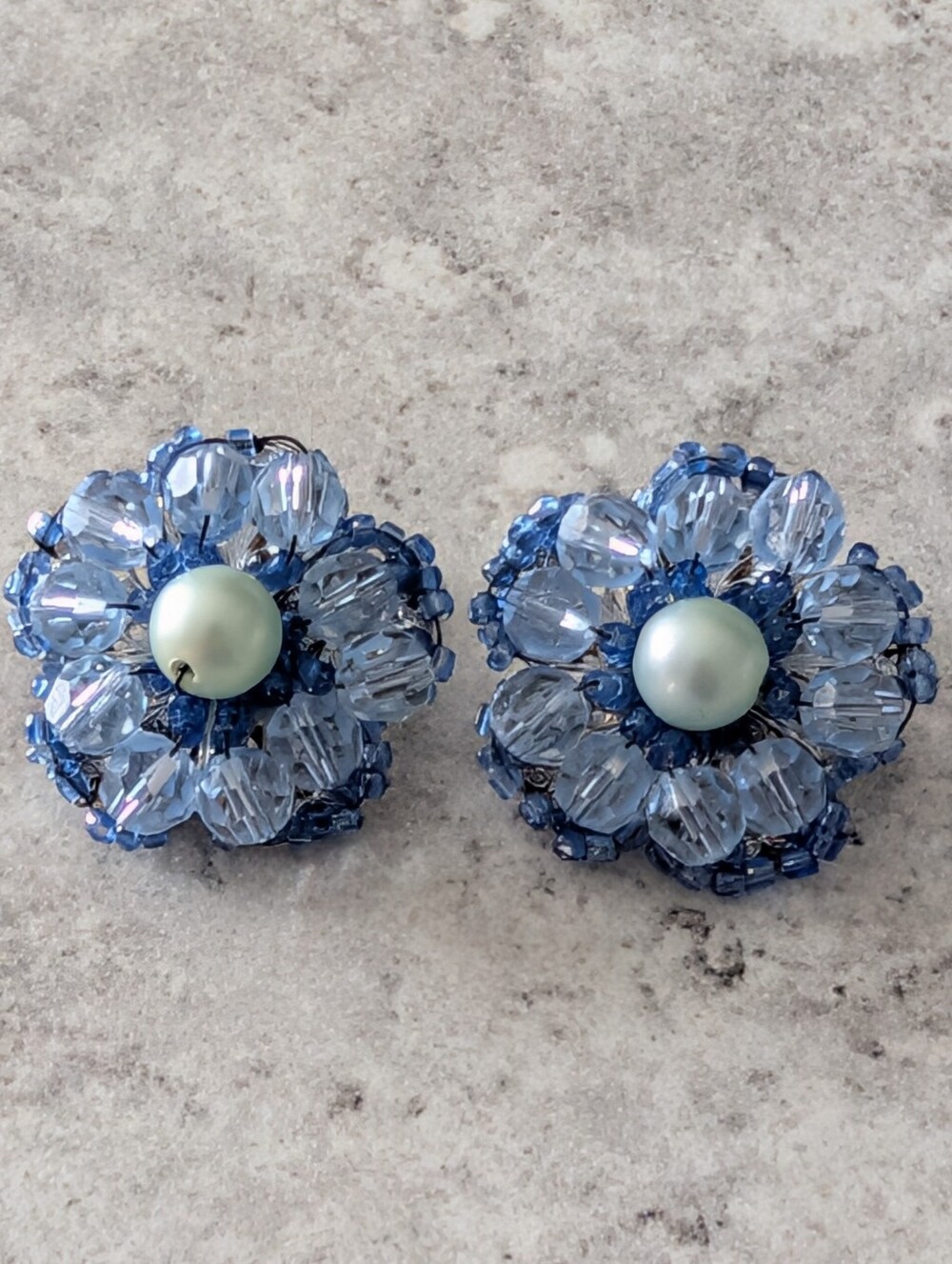 Vintage Marvella Beaded Blue Faux Pearl Cluster Clip On Earrings